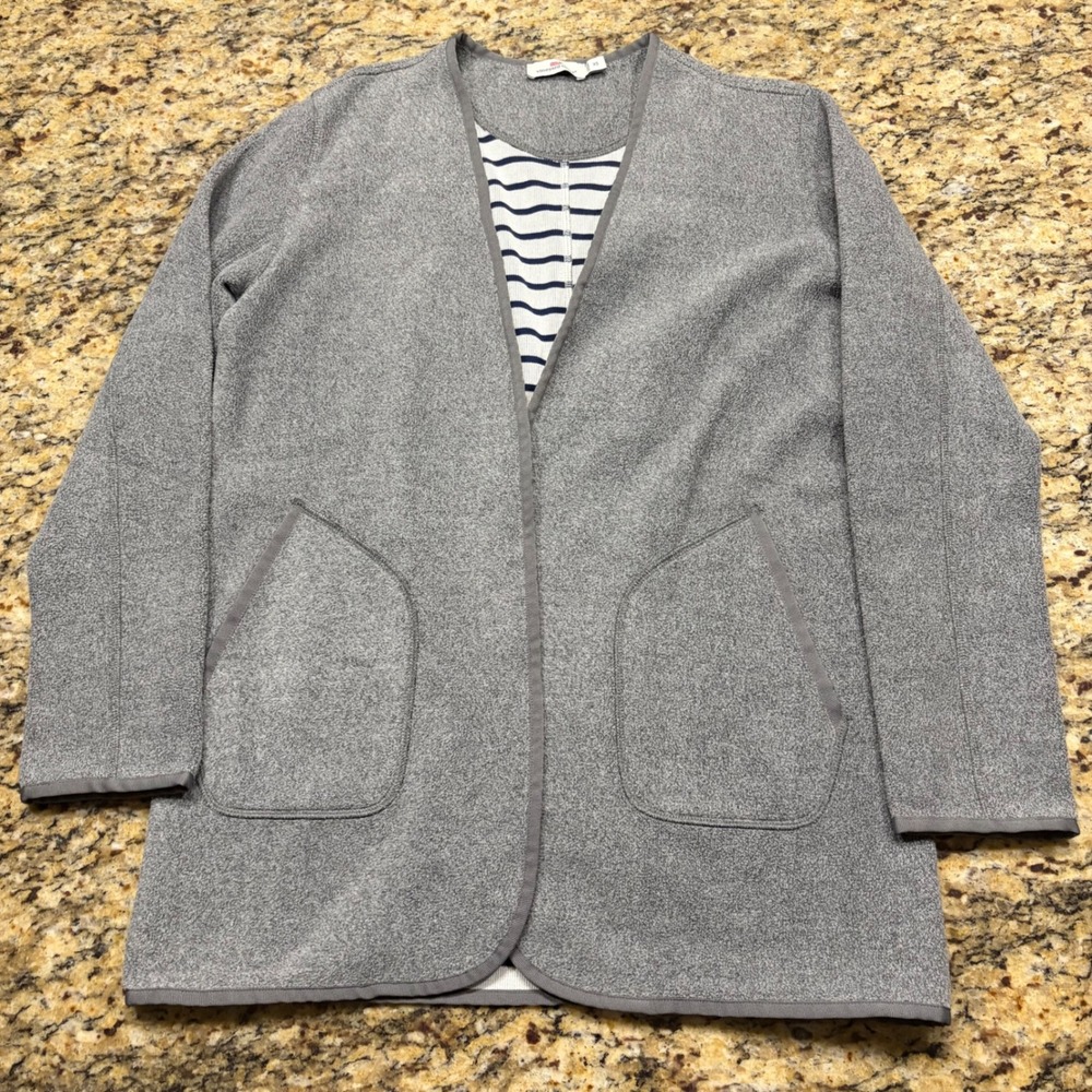 Vineyard Vines Womens Grey Fleece Open Front Cardigan Striped Lining XS ws